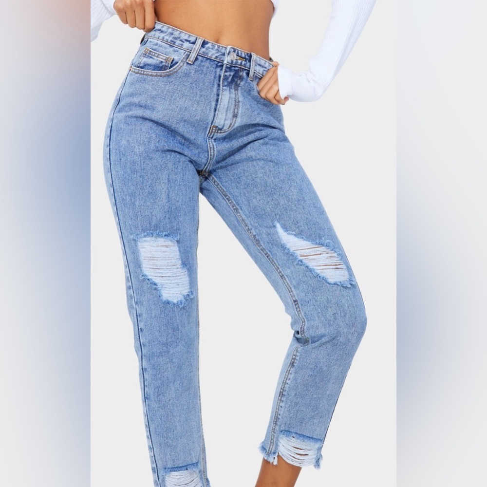 PrettyLittleThing Raw Hem Knee Rip Slim Fit Mom Jeans size US 0 - Picture 6 of 9